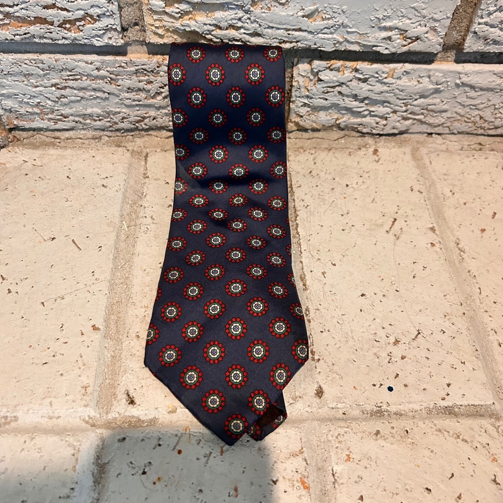 Mens Navy Blue Medallion Silk Tie Made in Italy Geometric Red Green Print